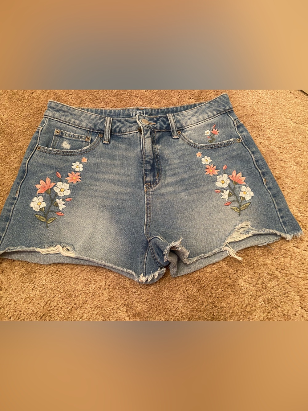 Time and Tru Light Blue Denim Shorts with Pink & White Floral Embroidery